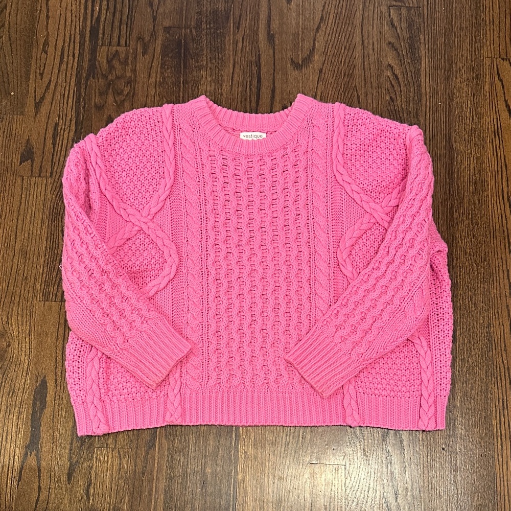 vestique Bright Pink Cable Knit Crewneck Sweater